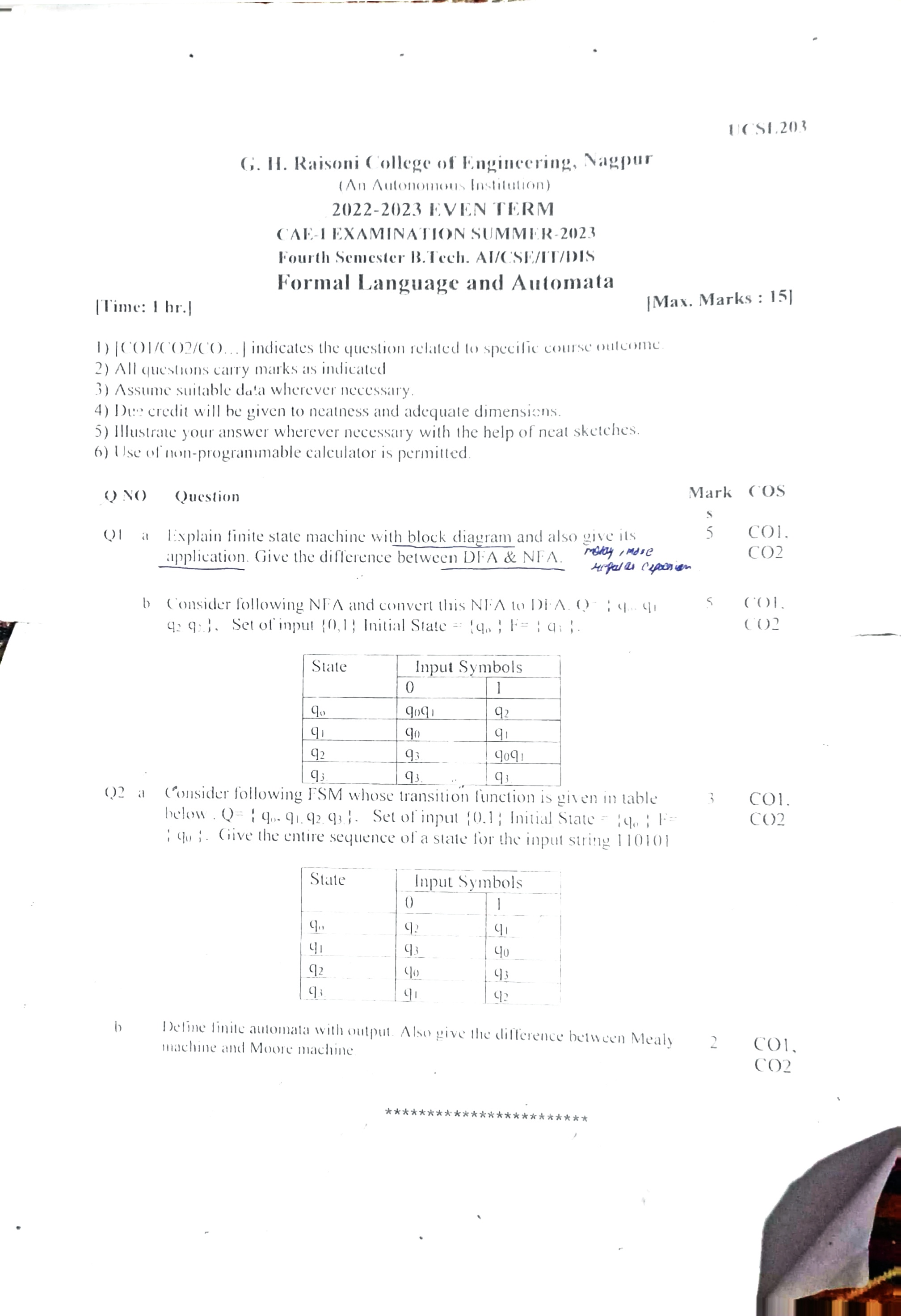 CAE1 Submission - Formal Languages and Automata  PYQ
