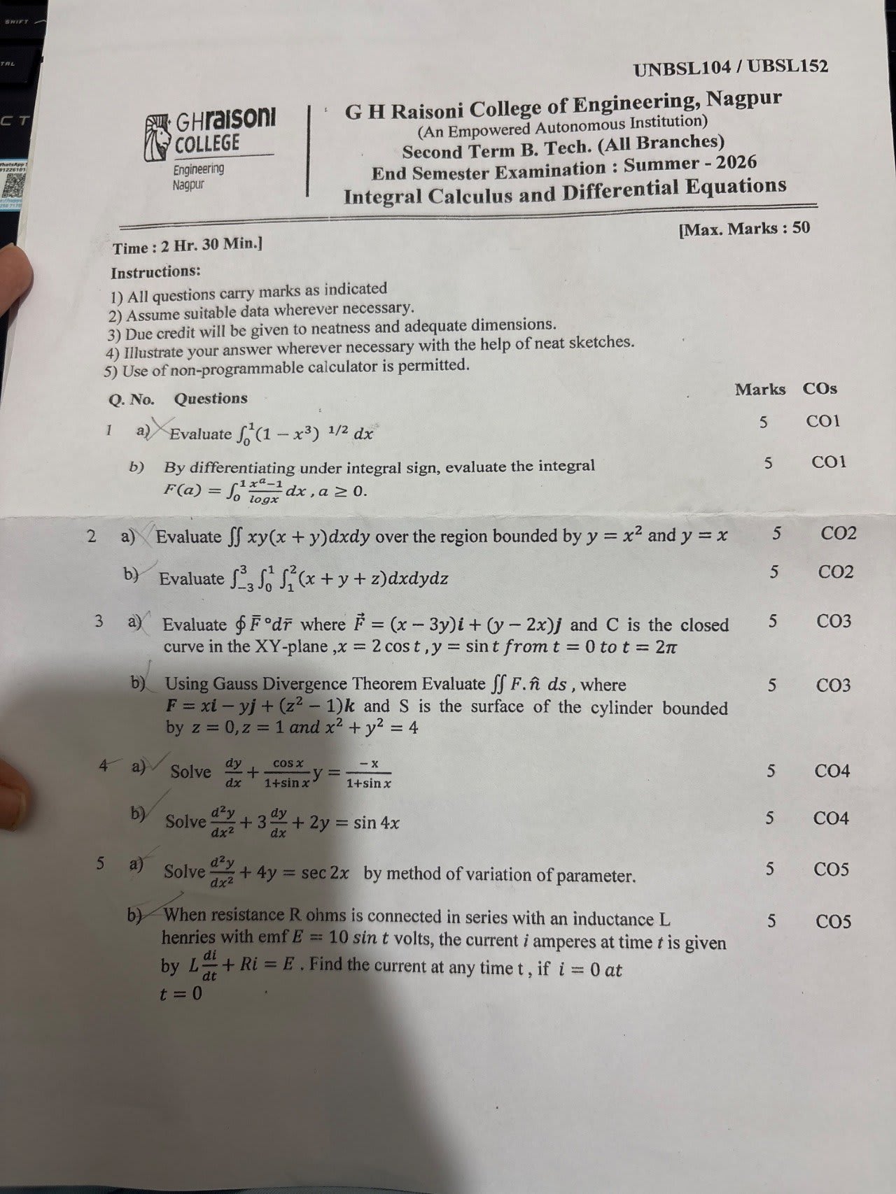 ICDE - Integral Calculus and Differential Equations PYQ