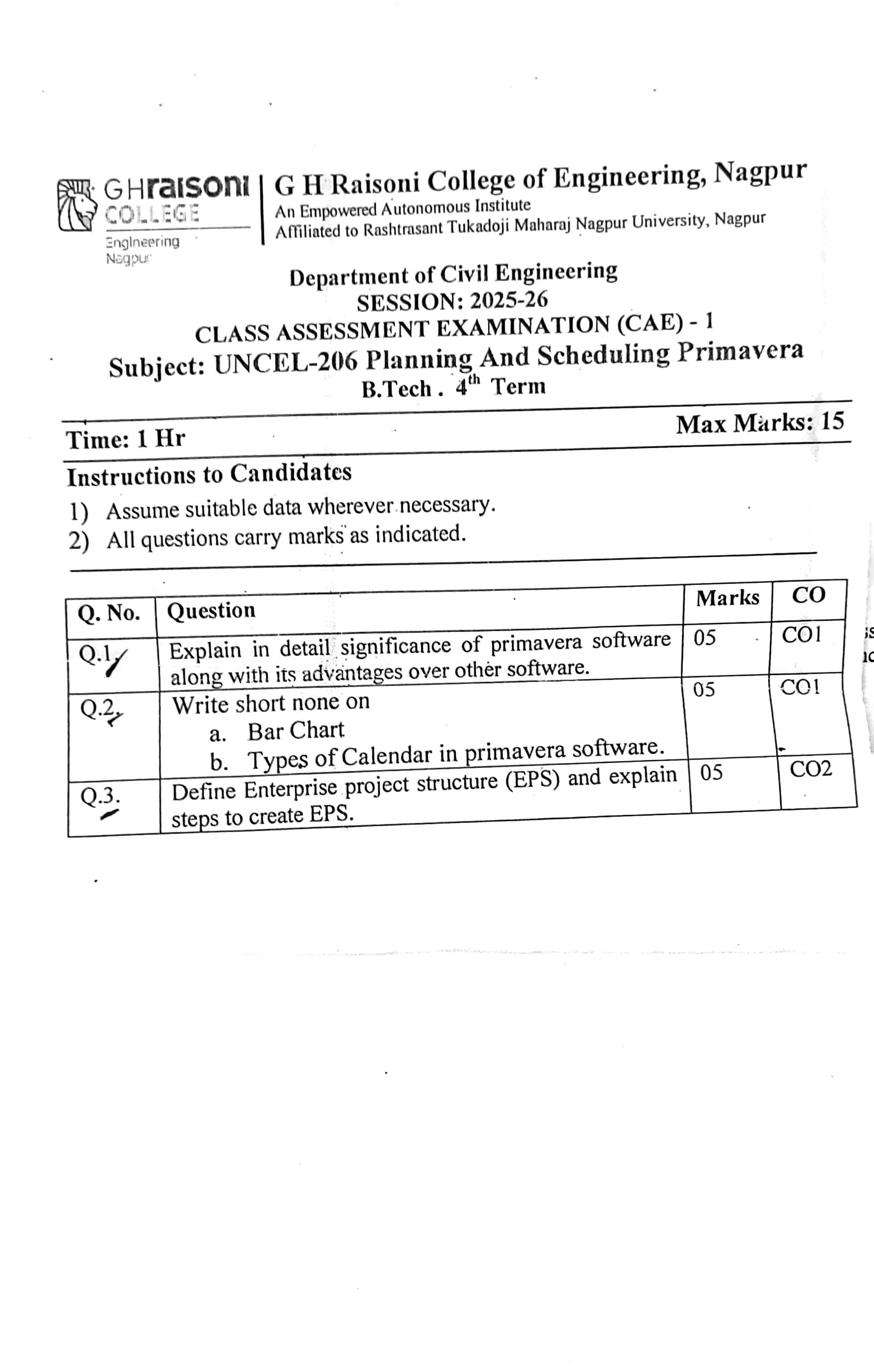 Planing and Scheduling Primavera - CAE1 - Uncategorized PYQ