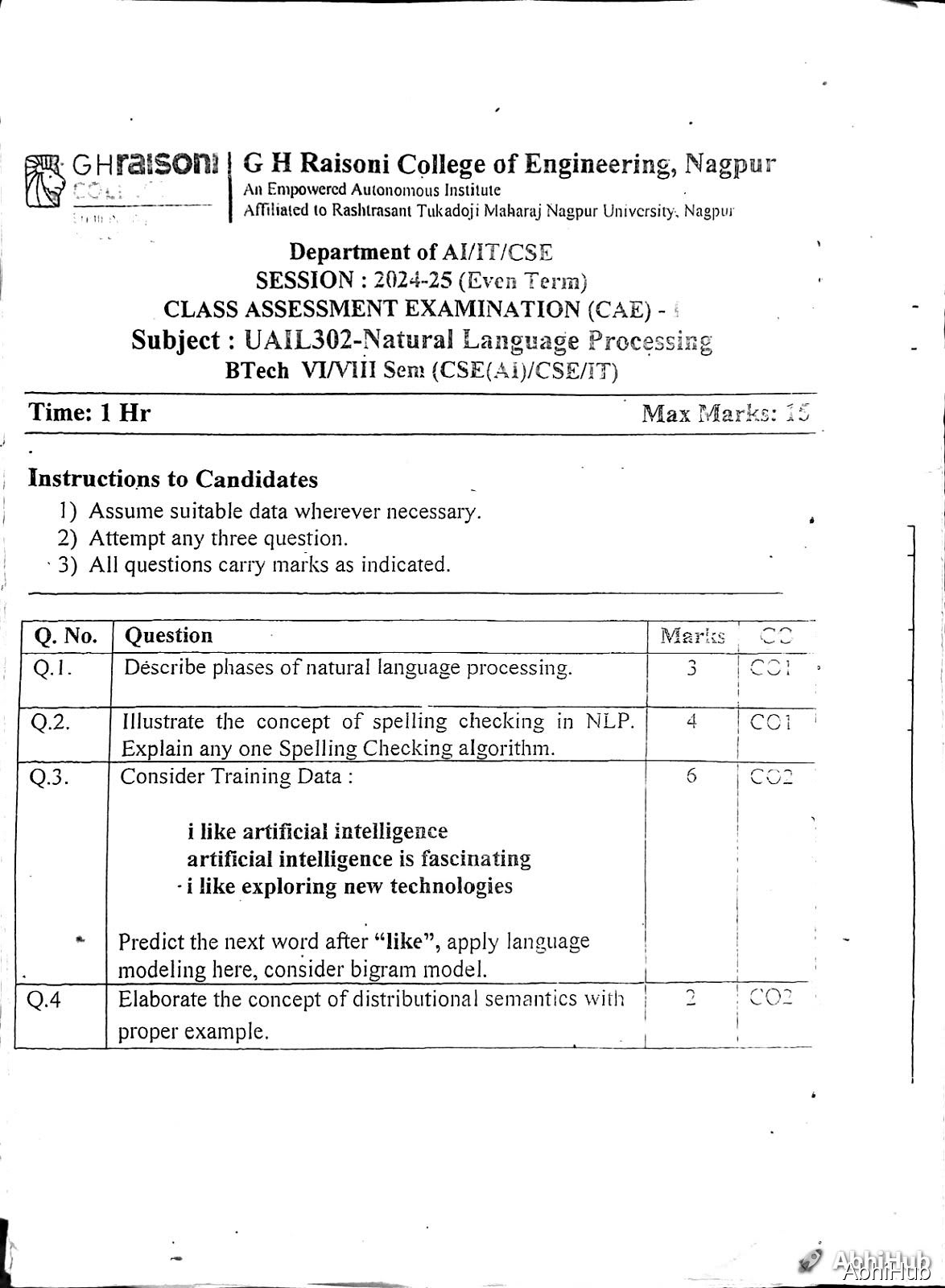 NLP CAE1 - Natural Language Processing  PYQ