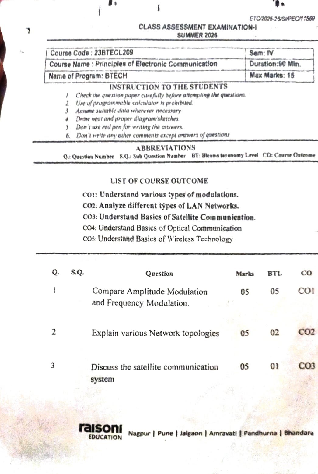 Principle of electronic telecommunication  - CAE1 - Uncategorized PYQ