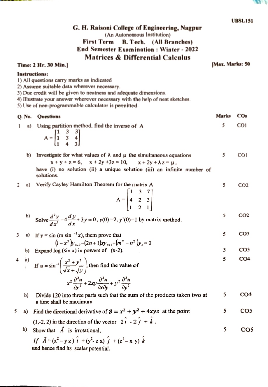 ESE Submission - Matrices and Differential Calculus PYQ