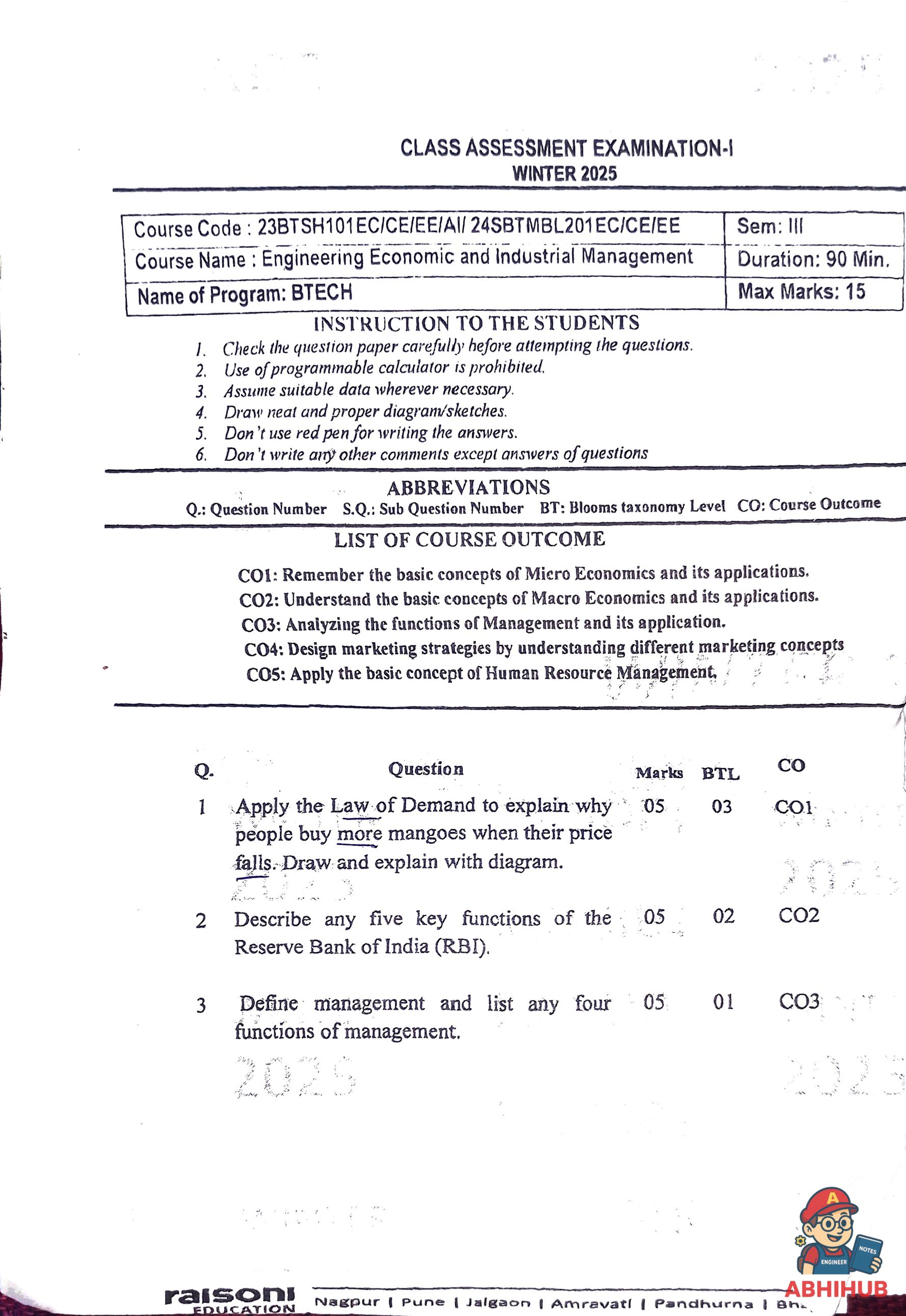 CAE1 Submission - Engineering Economics and Industrial Management  PYQ