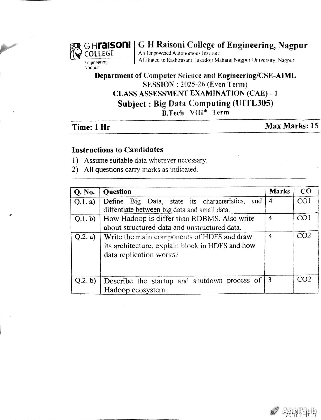 Big Data Computing CAE1 - Big Data Computing PYQ
