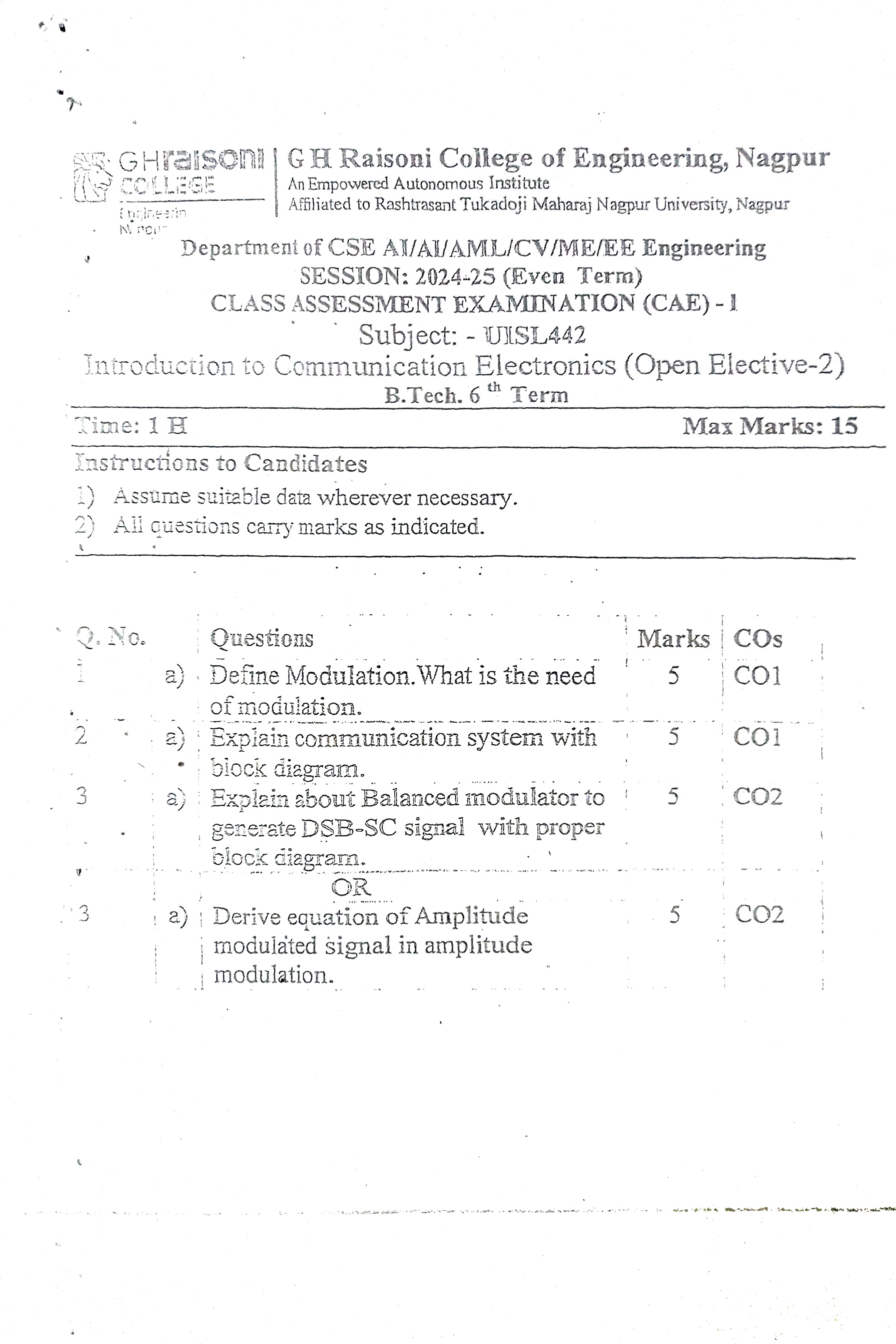 CAE1 - Introduction to Communication Electronics PYQ
