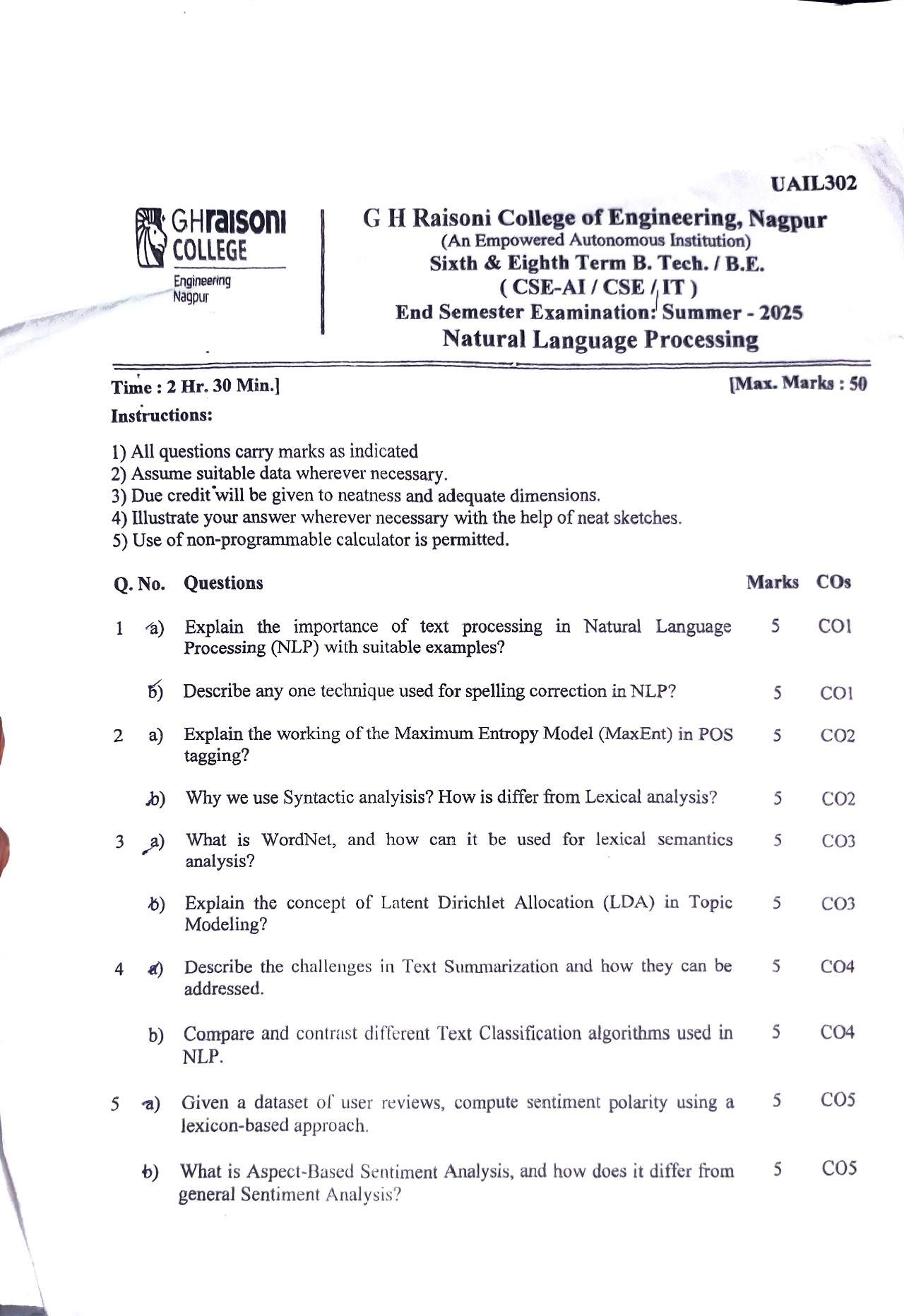 Natural Language Processing - Natural Language Processing  PYQ