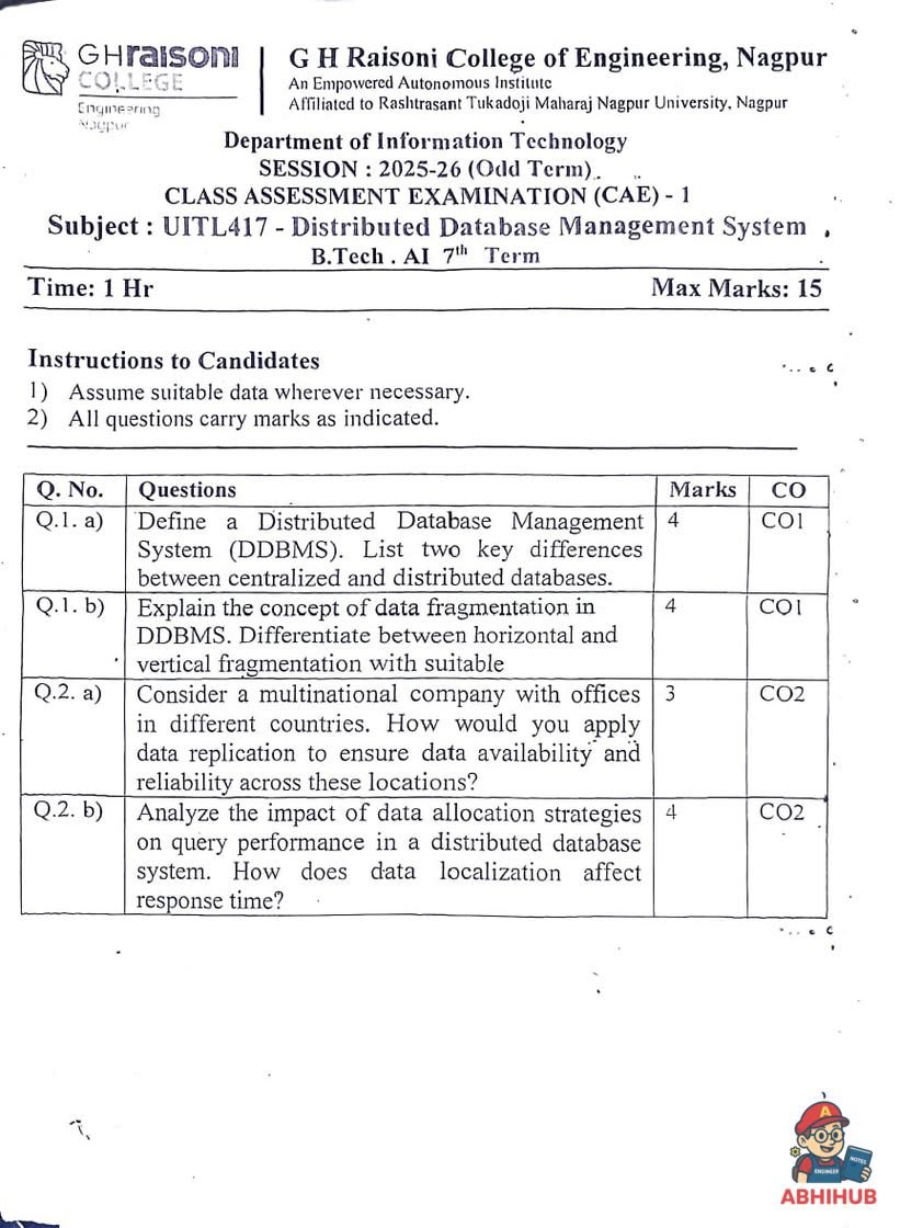 DDBMS - CAE1 - Distributed Database Management System PYQ