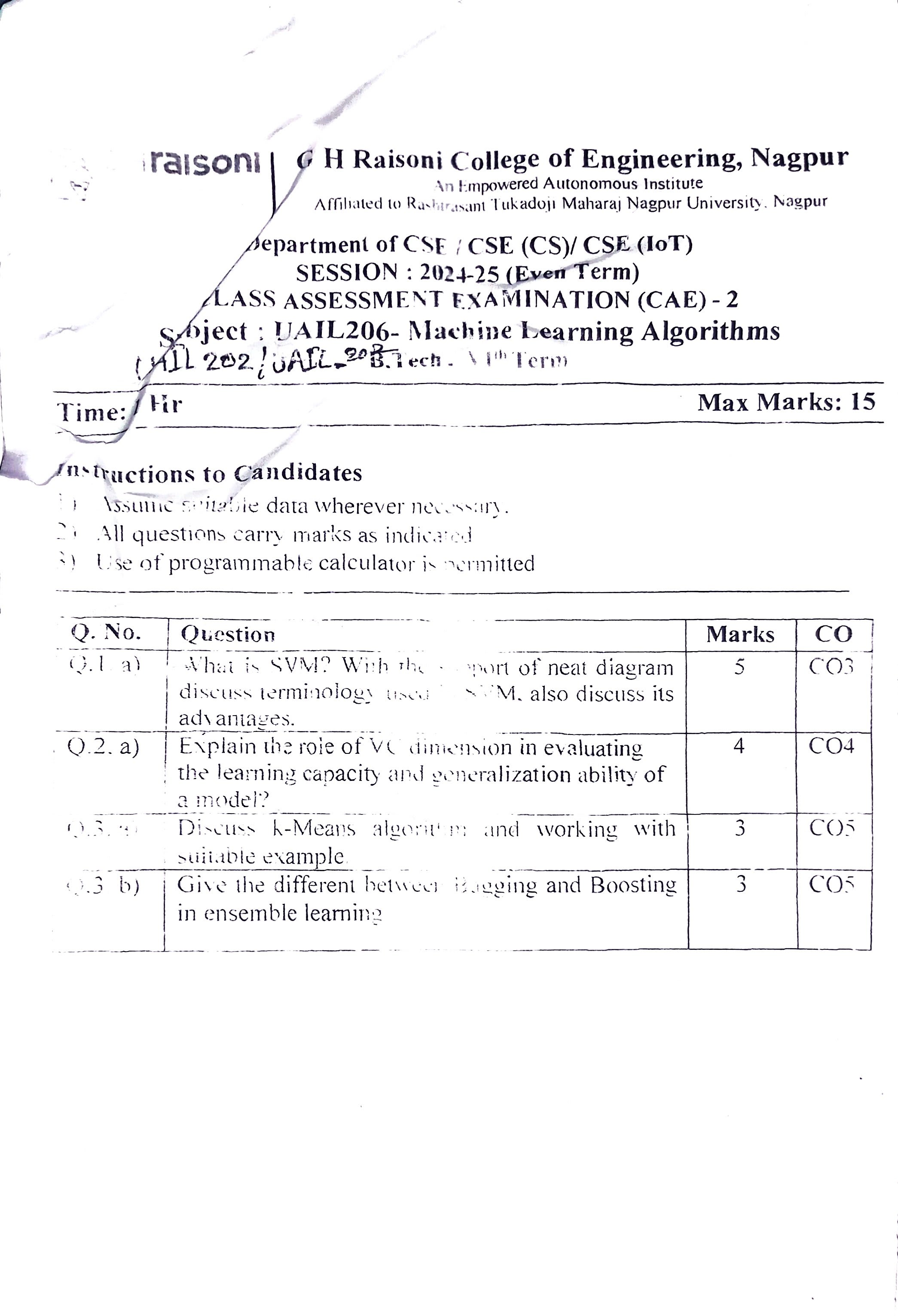 Machine Learning Algorithms (UAIL206) - Machine Learning Algorithms PYQ