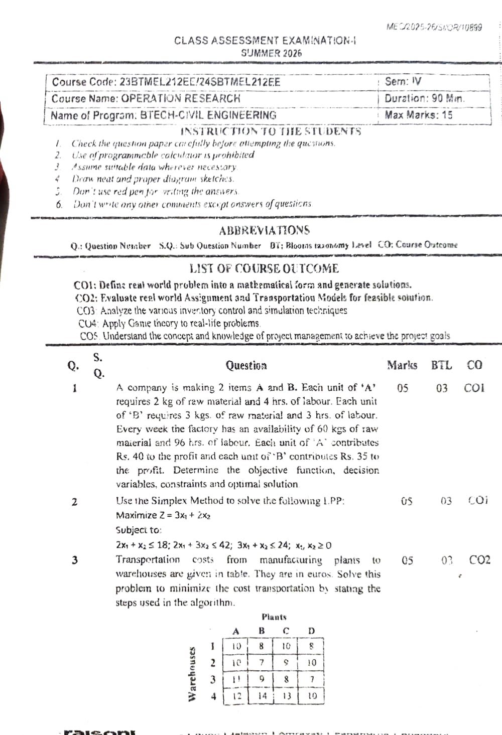 Operation research  - CAE1 - Uncategorized PYQ