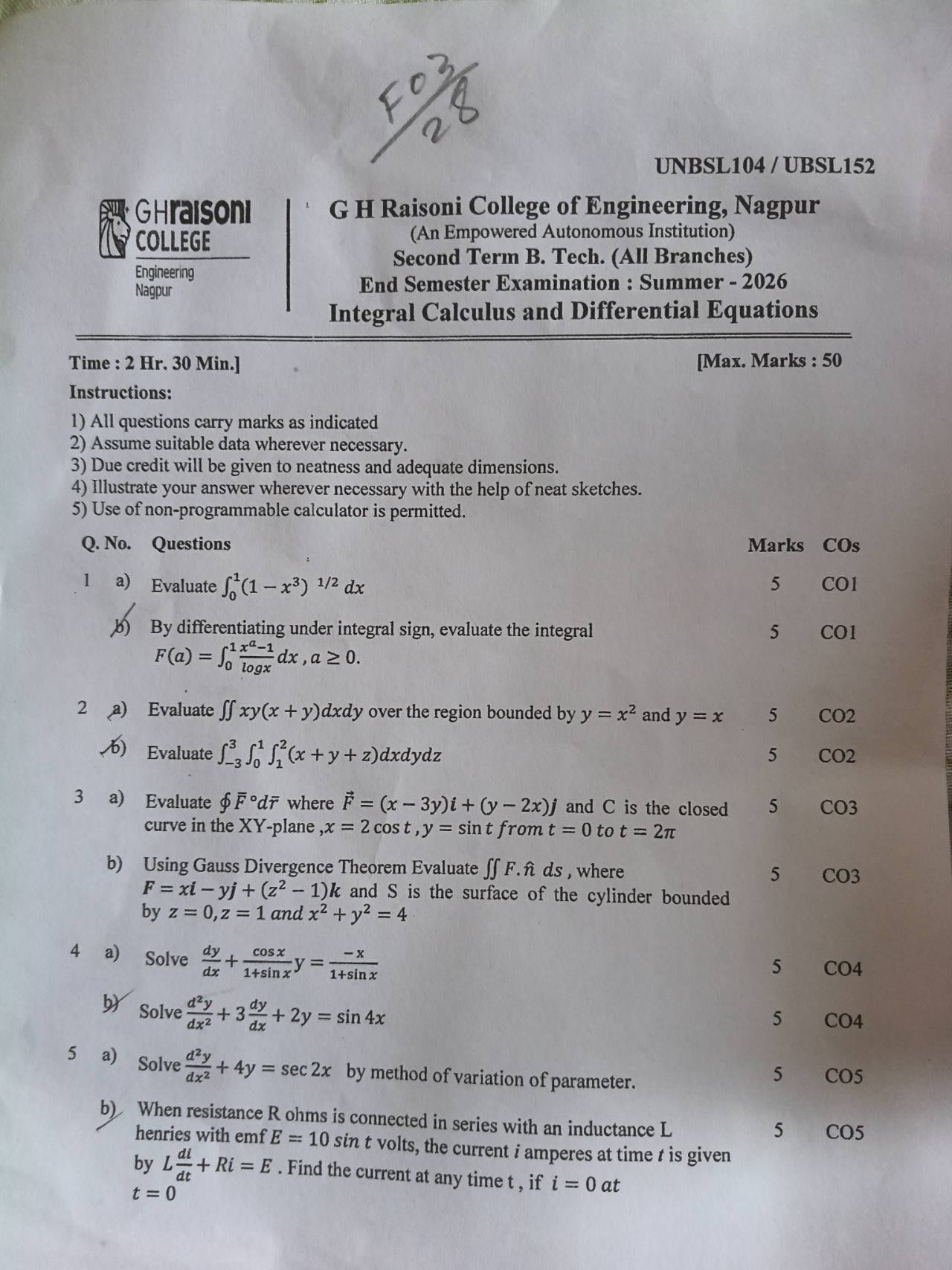 IC&DE - Integral Calculus and Differential Equations PYQ