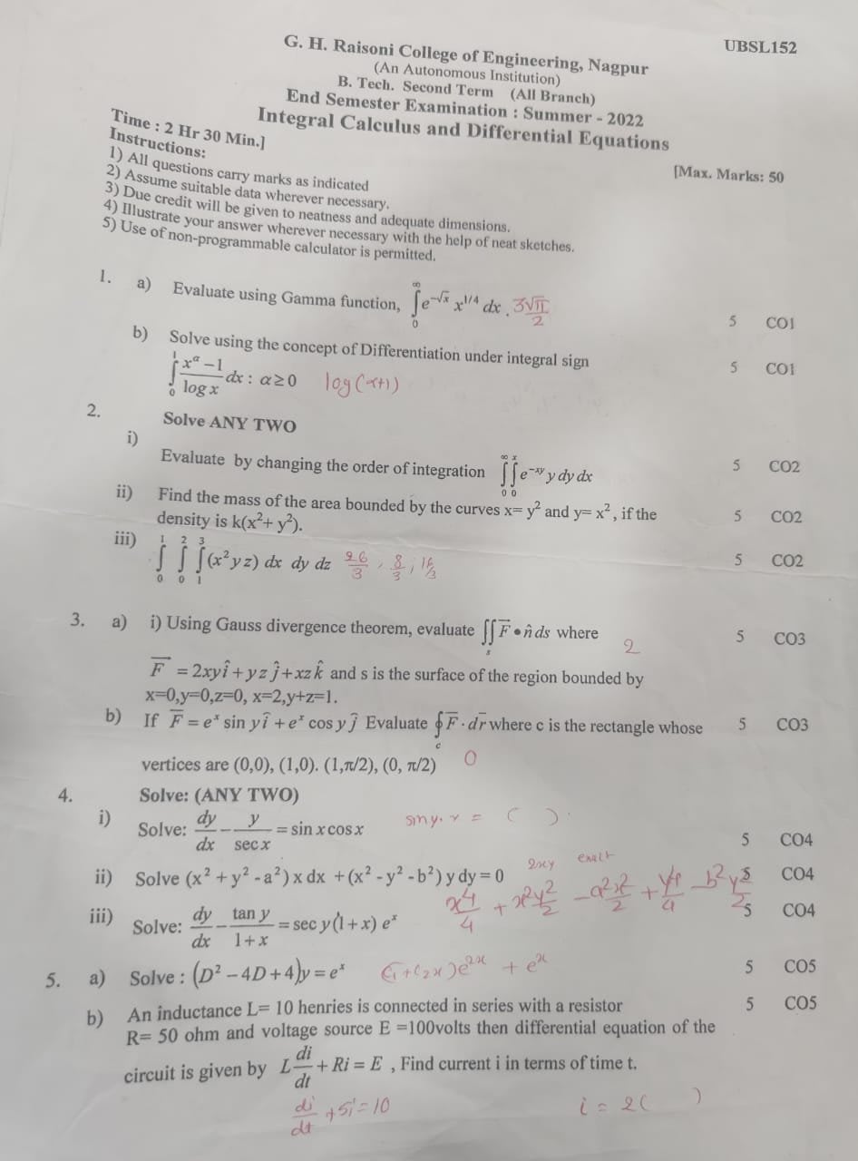 Icde - Integral Calculus and Differential Equations PYQ