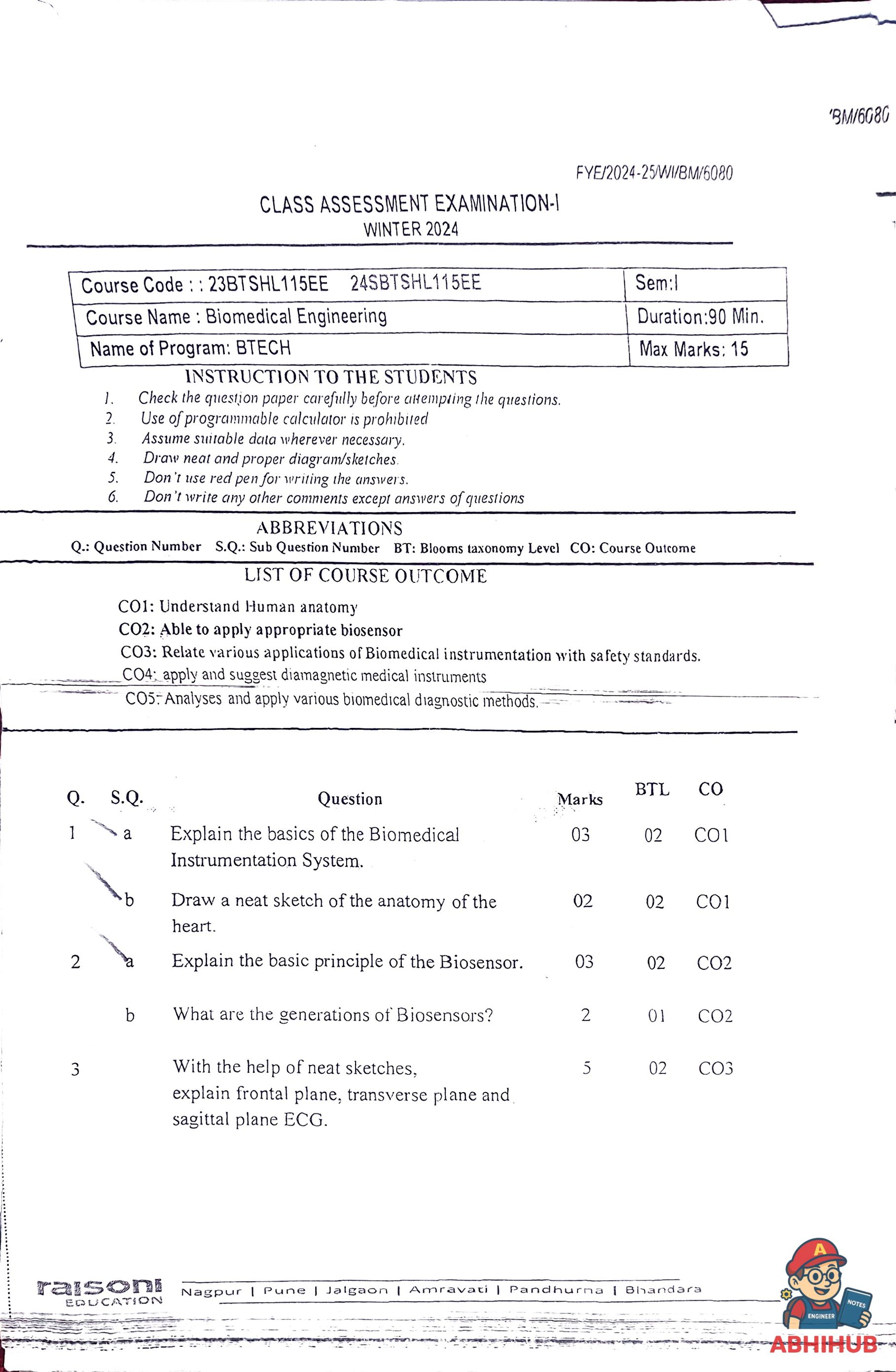 CAE1 Submission - Biomedical Engineering PYQ