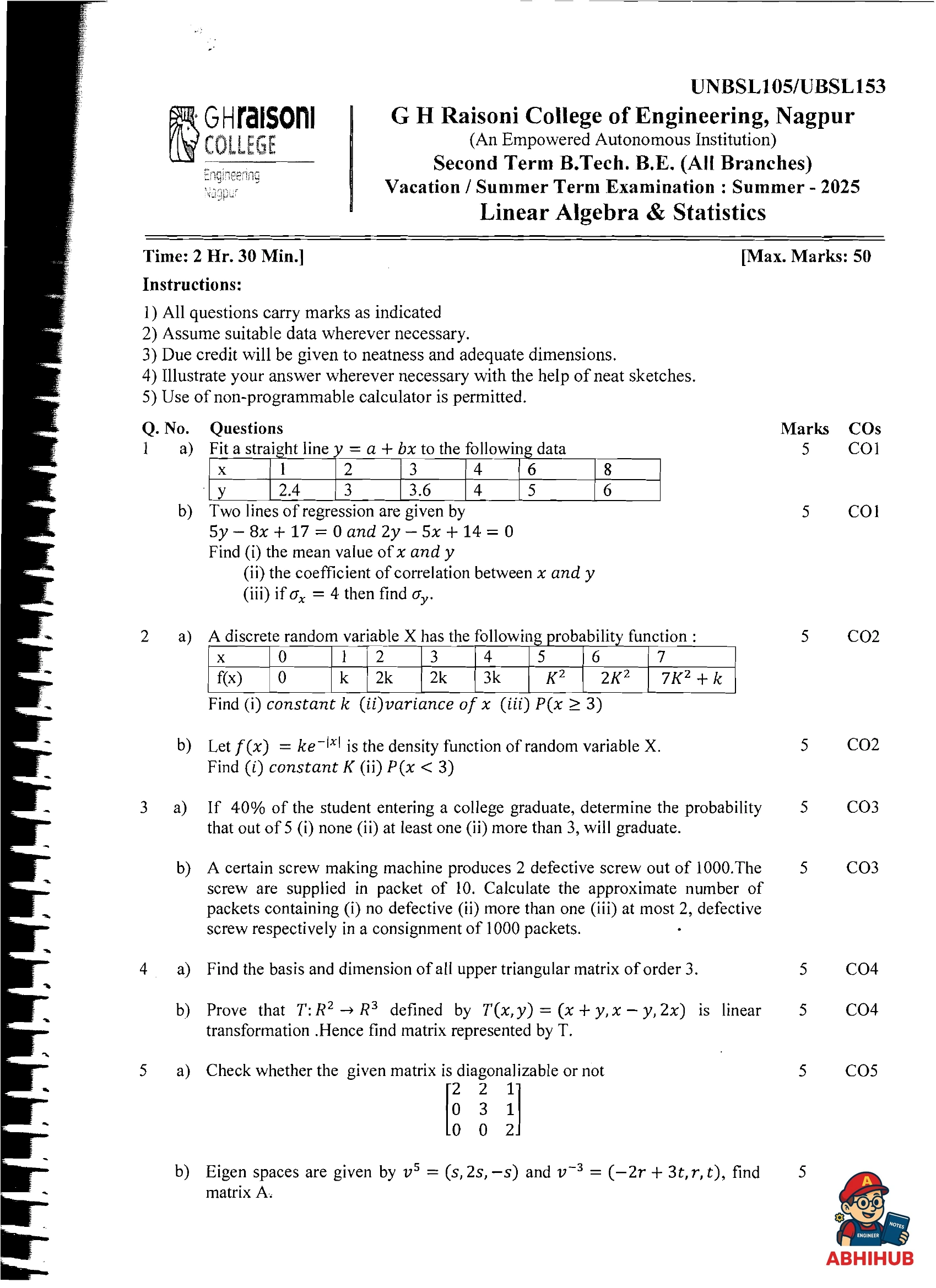 Linear Algebra Statistics (LA&S) - Linear Algebra and Statistics PYQ
