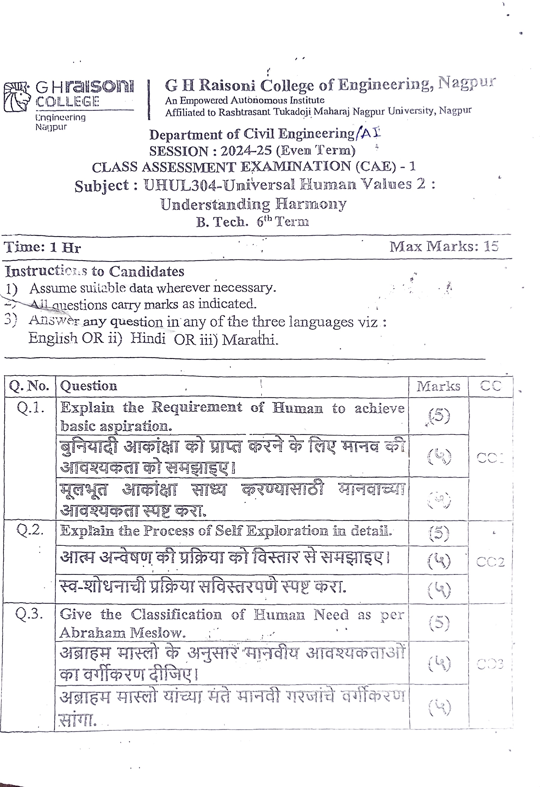 CAE1 Submission - Understanding Human Values  PYQ