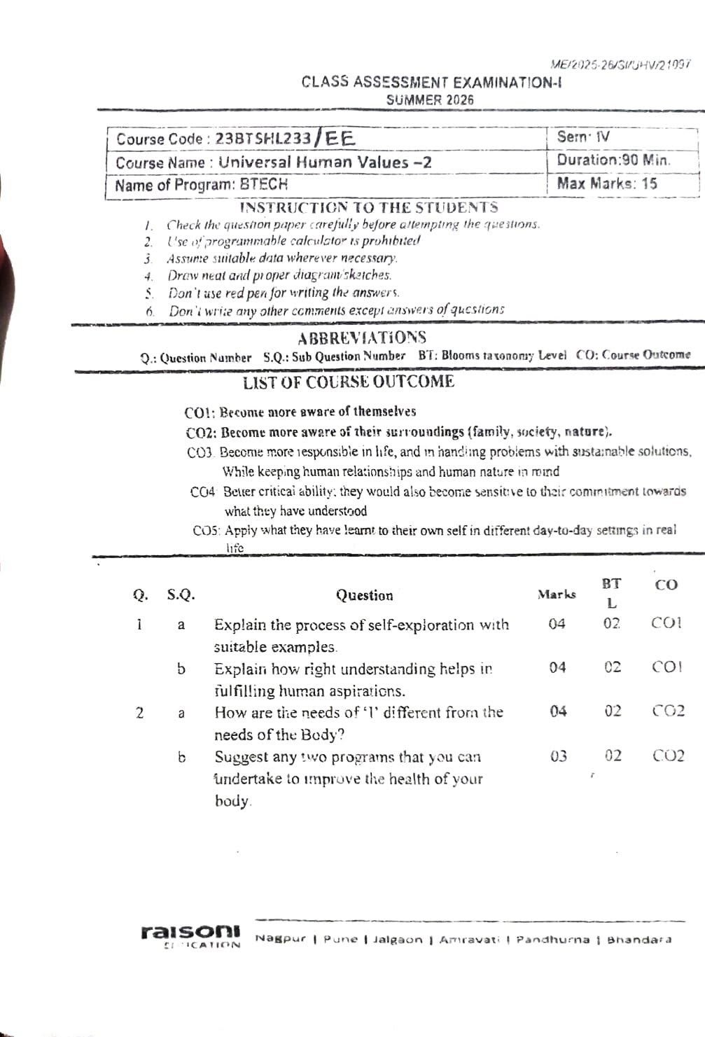 Universal human values 2 - CAE1 - Aptitude and Employability Skills PYQ