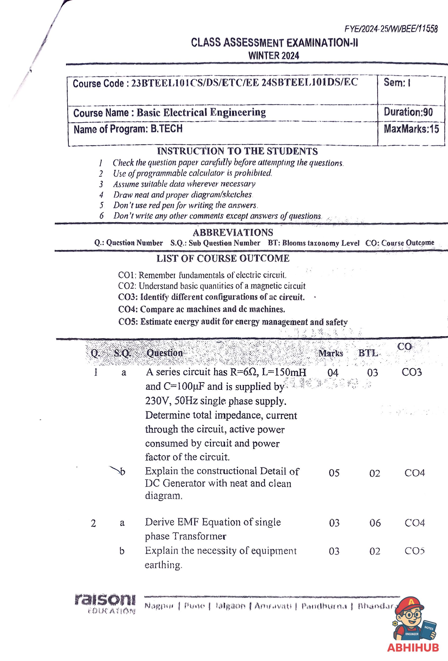 BEE_CAE2 - Basic Electrical Engineering PYQ