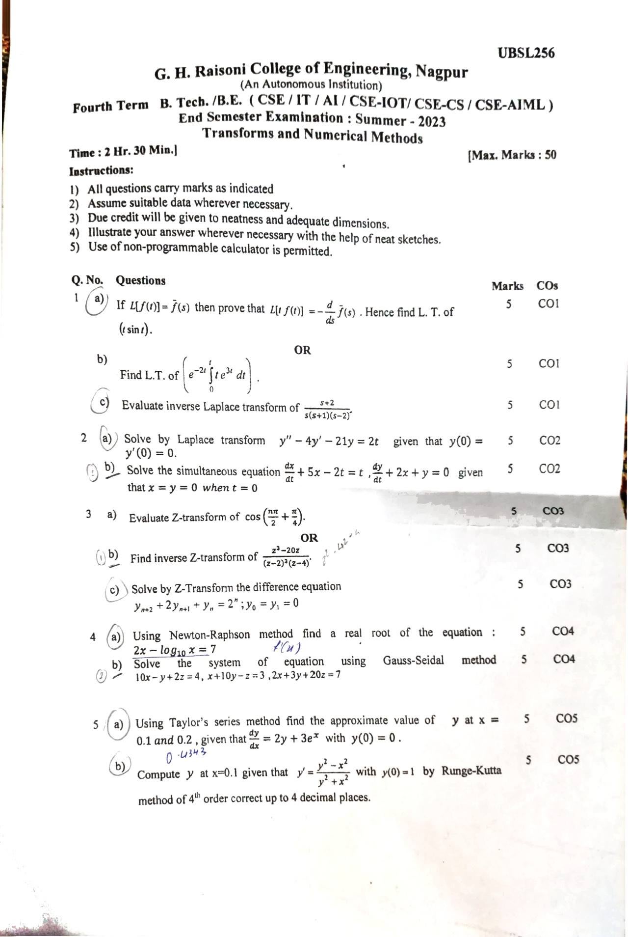 Transforms and Numerical Methods (UBSL256) - Transforms and Numerical Methods PYQ