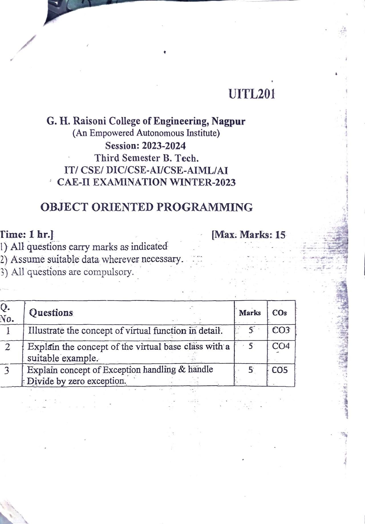 Object Oriented Programming - Object Oriented Programming PYQ