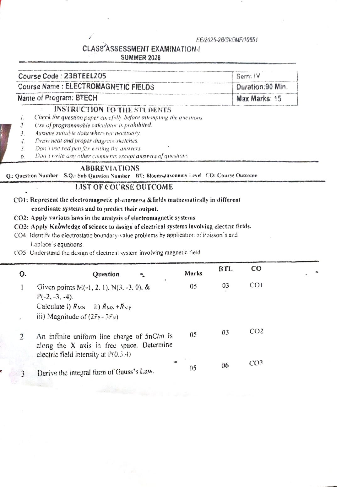 Electromagnetic fields - CAE1 - Advanced Electrical Technology PYQ