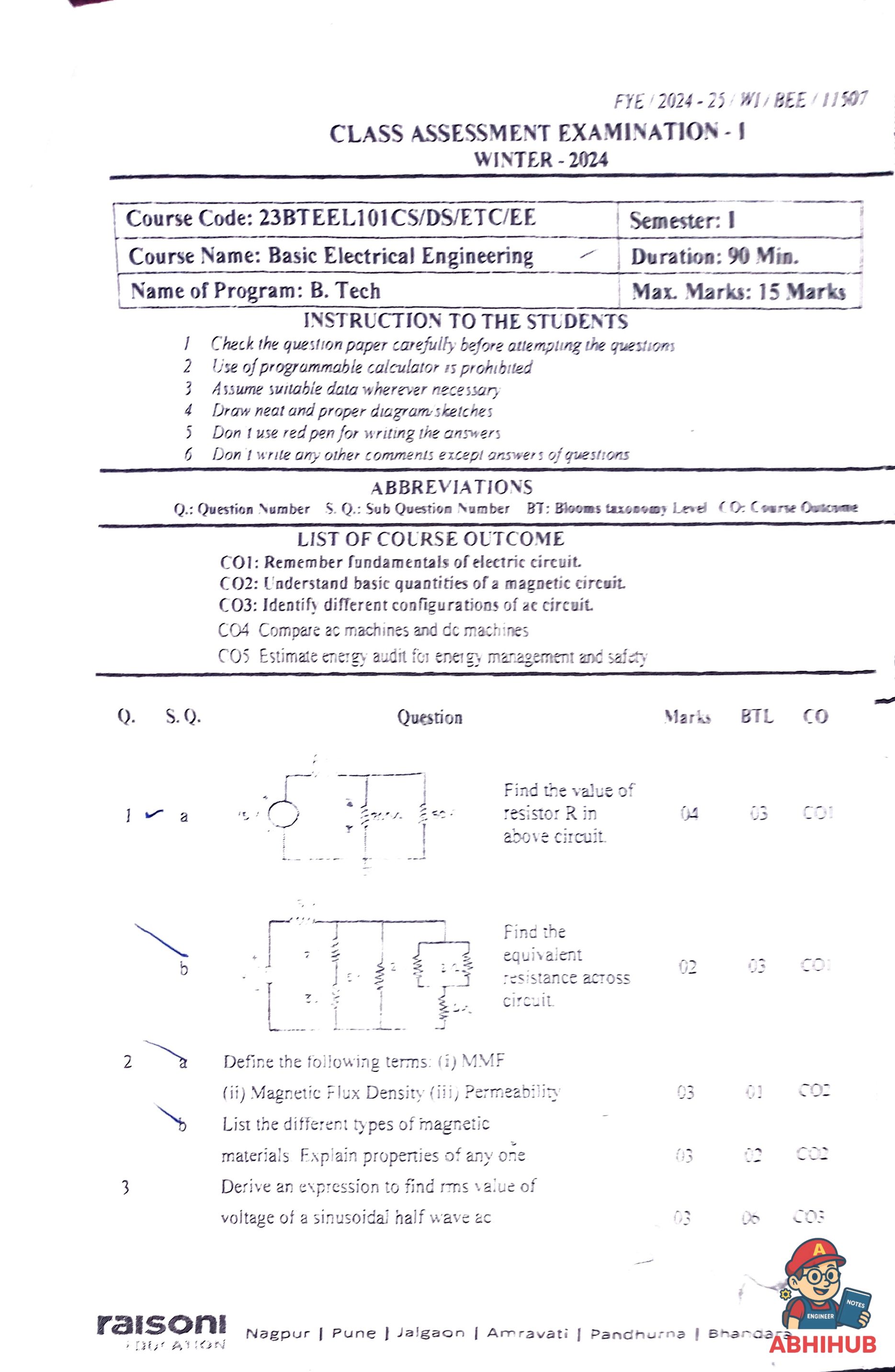 BEE_CAE1 - Basic Electrical Engineering PYQ