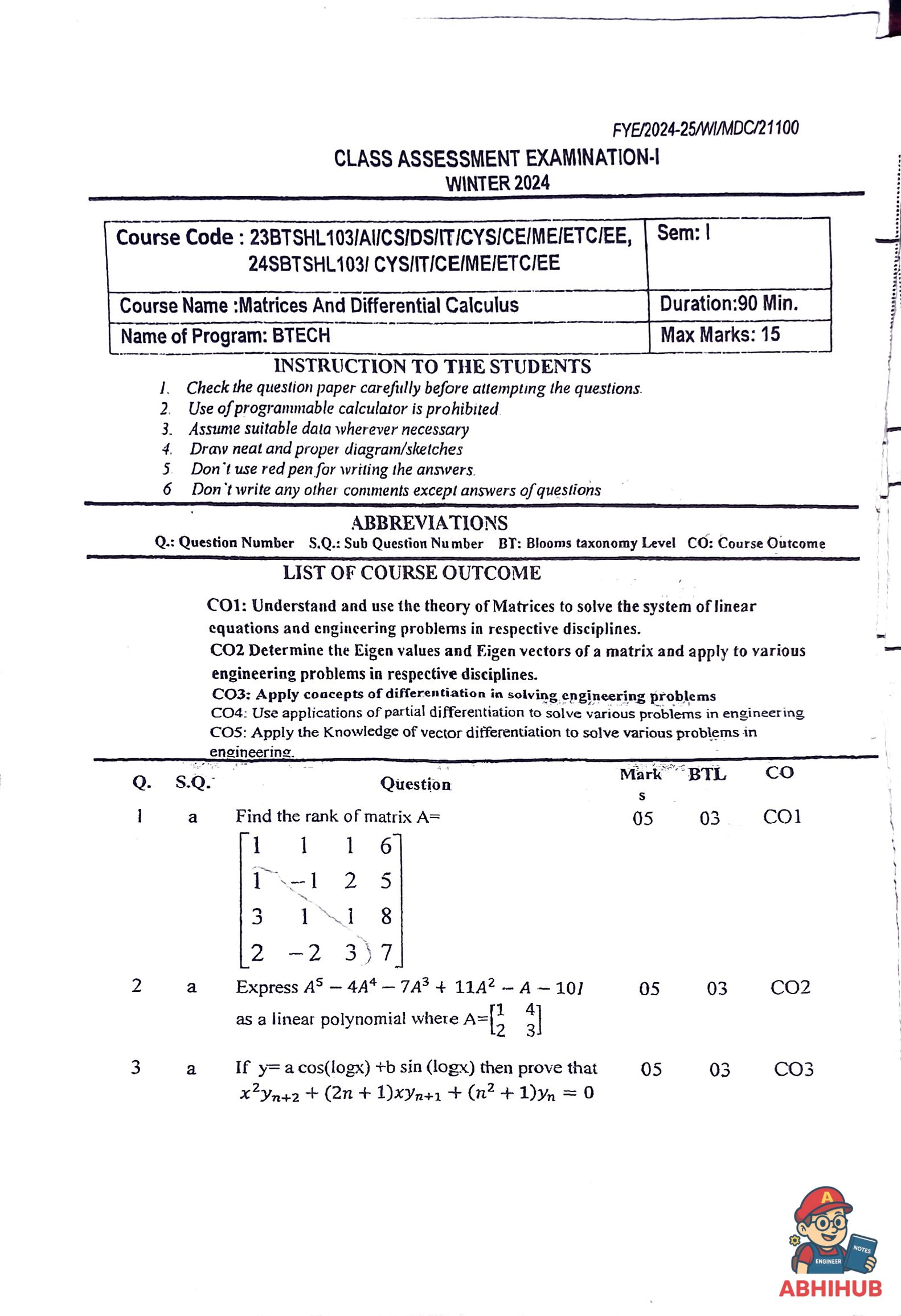 CAE1 Submission - Matrices and Differential Calculus PYQ