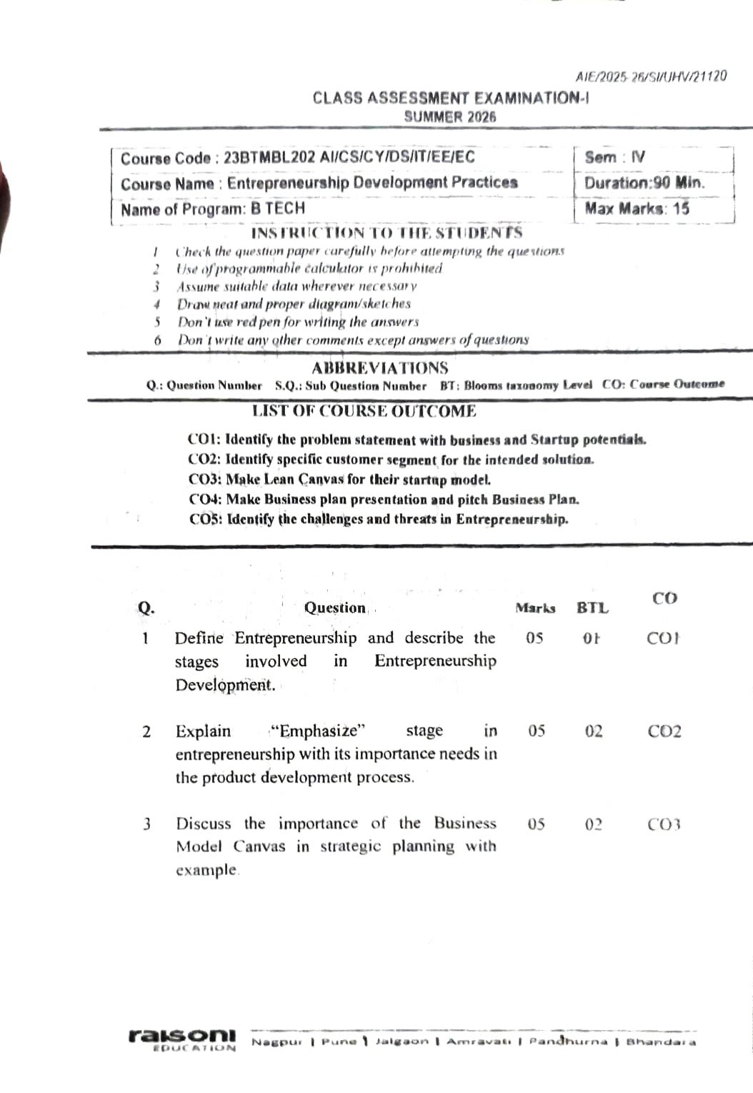 Entrepreneurship development practice  - CAE1 - Entrepreneurship Development Practices PYQ