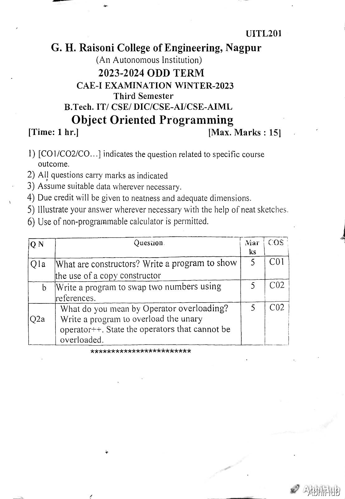 OOPs CAE 1 - Object Oriented Programming PYQ