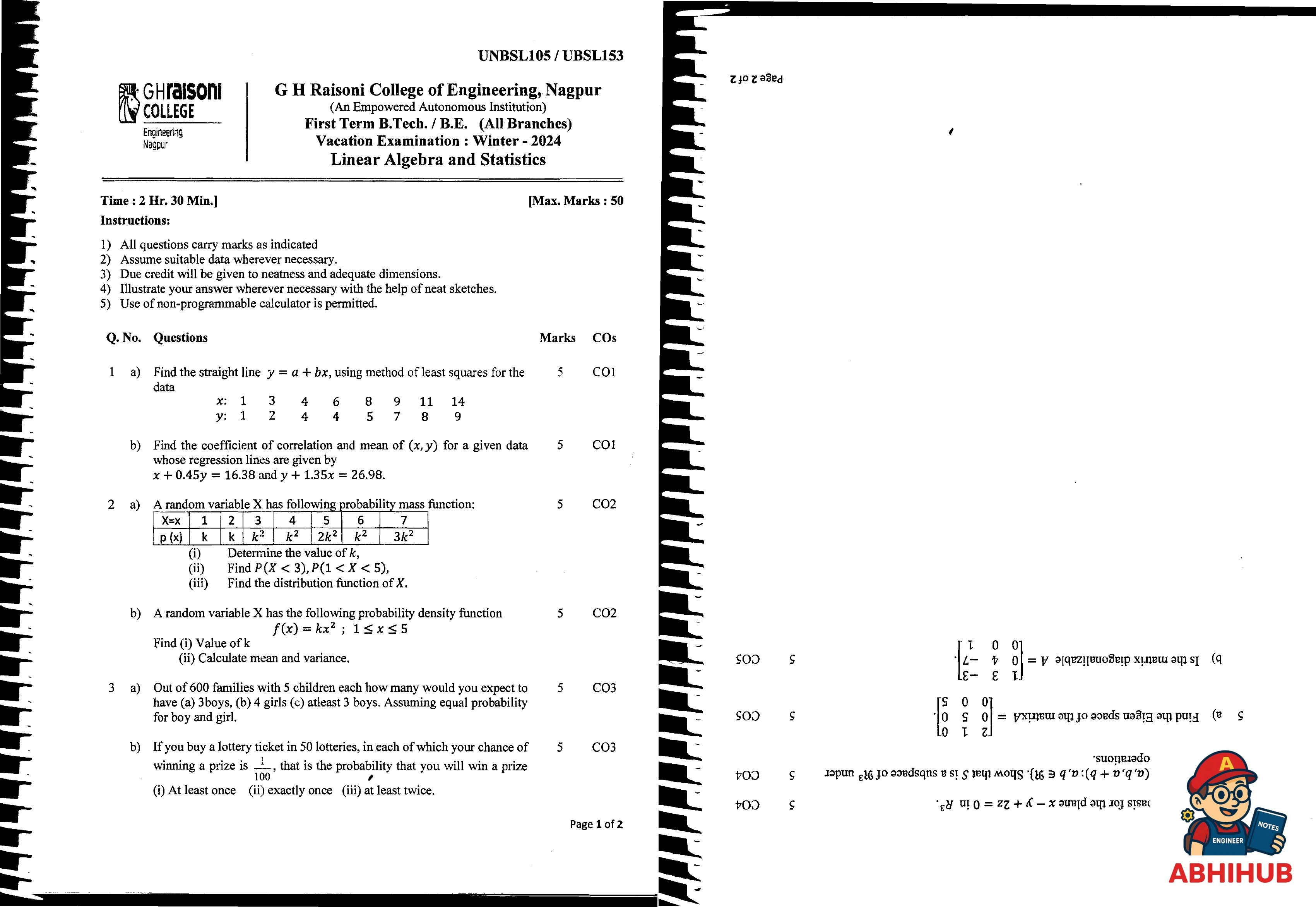 a Linear Algebra and Statistics Vacation  Summer Term Examination 2024 UNBSL165 - Linear Algebra and Statistics PYQ